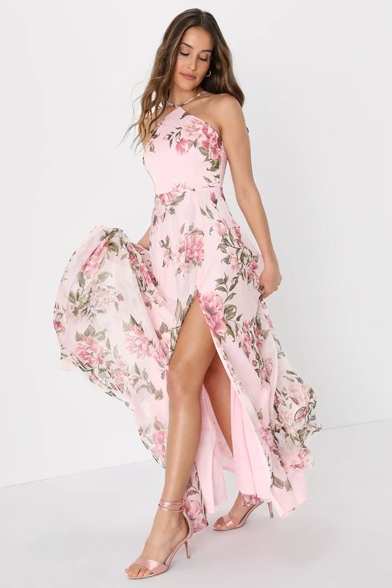 Romantic Marvel Pink Floral Print Halter Neck Maxi Dress | Lulus (US)