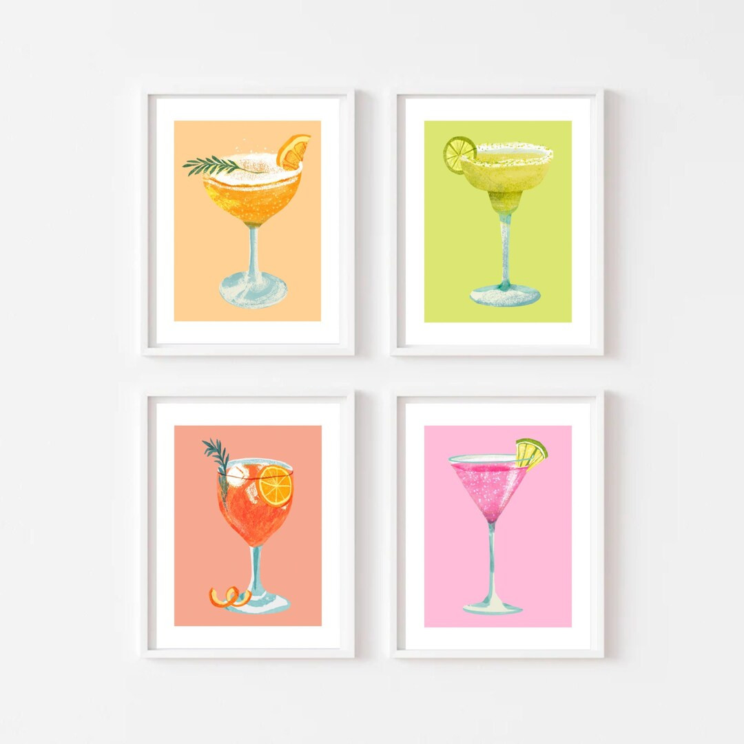 Cocktail Retro Print Set of 4, Bar Cart Wall Art Digital Download, Minimalistic Cute & Trendy, Co... | Etsy (US)