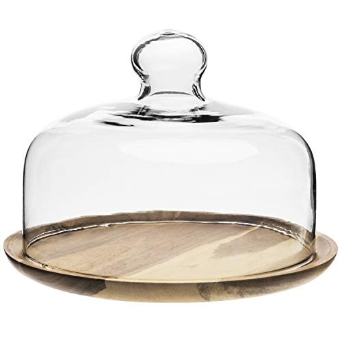 MyGift 7.5 Inch Small Clear Glass Dessert/Cheese Cloche Dome with Acacia Wood Serving Tray | Amazon (US)