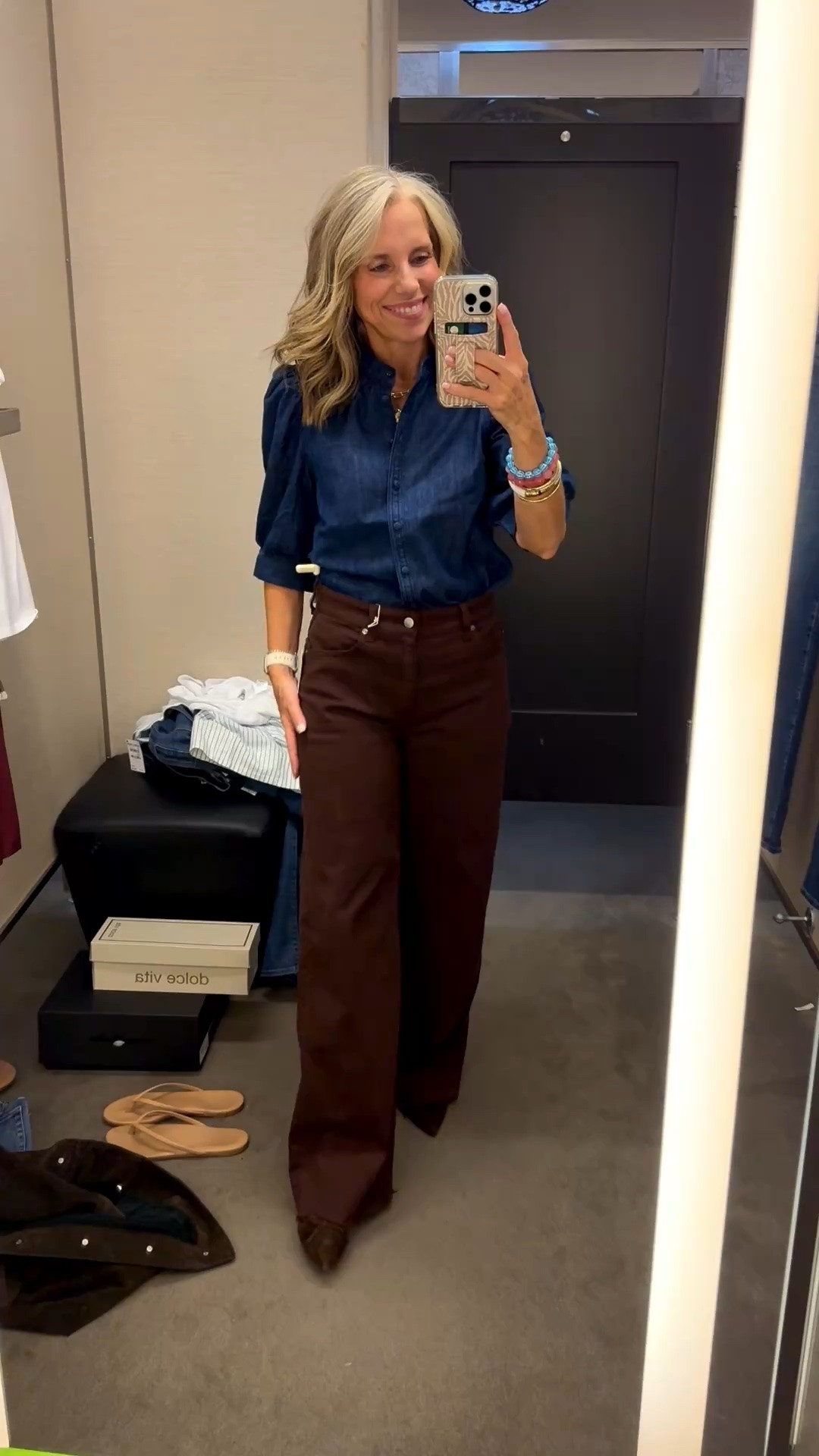 Use your imagination here. Add a belt, size down in the jeans and cute the pants or a taller heel and you’ve got a great fall look. LOL. This color brown is going to be big this fall and I love this little denim top. Wearing 27 jeans and I’d try a 26 (none in store) and XS top

#LTKgrwm #LTKootd #LTKSaleAlert