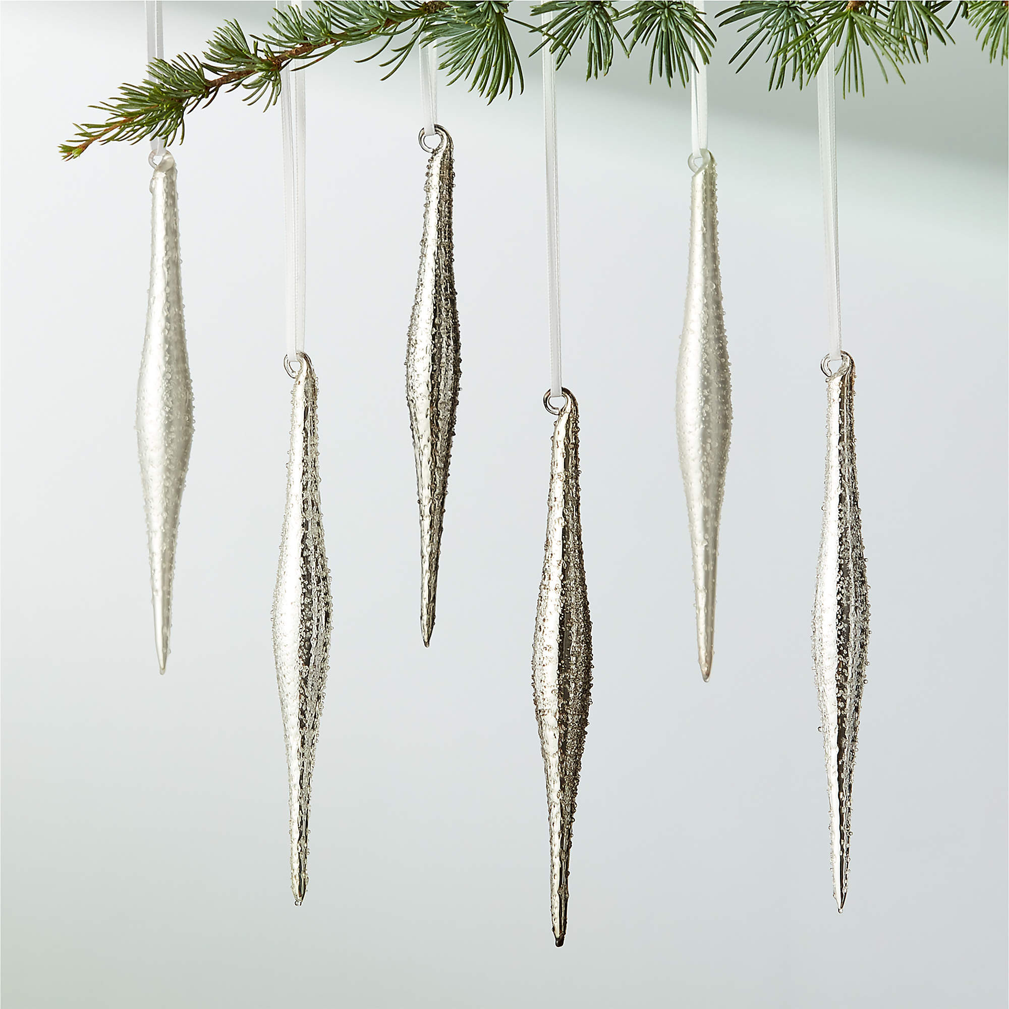 Metallic Textured Glass Icicle Christmas Tree Ornaments Set of 6 + Reviews | CB2 | CB2