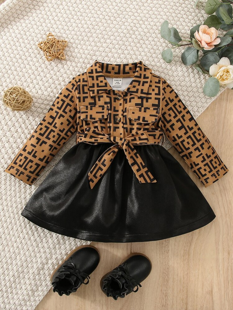 Baby Geo Print Flap Detail Belted Dress | SHEIN