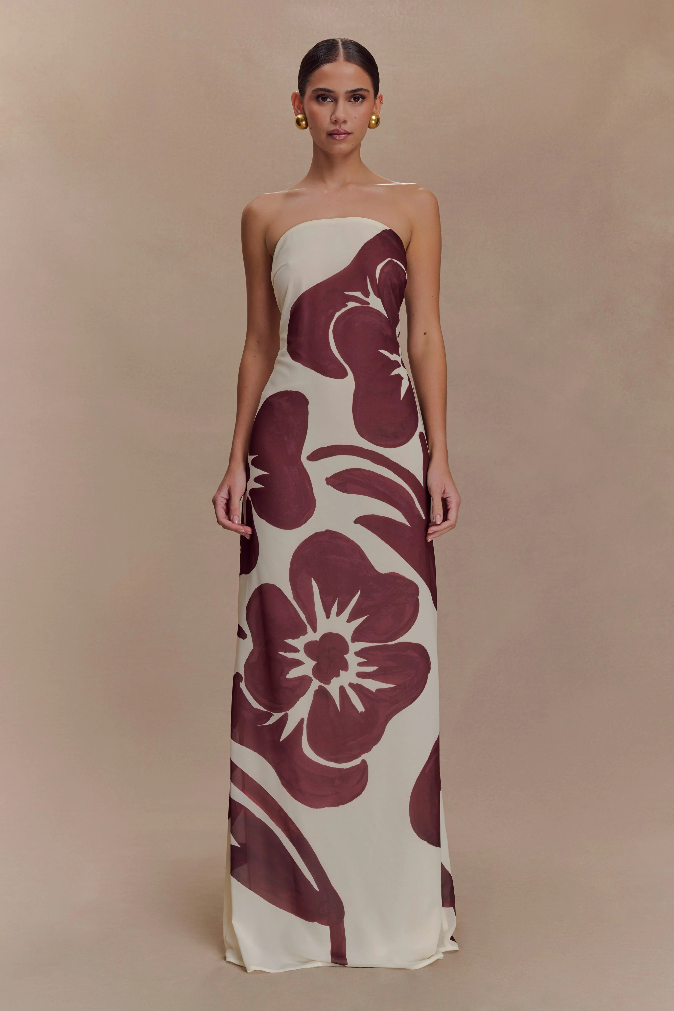 Amaya Strapless Chiffon Maxi Dress - Brown Deco Fleur Print | MESHKI US