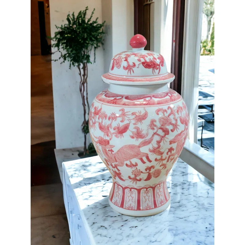 Bungalow Rose 17" Porcelain Ginger Jar with Chinoiserie Deer Design | Wayfair | Wayfair North America