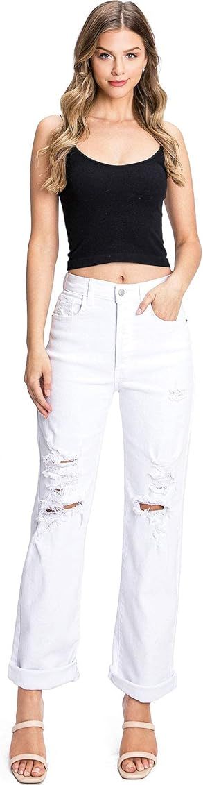 Cello Jeans Women's Juniors High Rise Straight Leg Distressed Dad Jeans | Amazon (US)