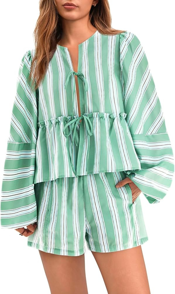 Tankaneo Womens 2 Piece Outfits Tie Front Peplum Tops Shorts Sets Striped Puff Long Sleeve Blouse... | Amazon (US)