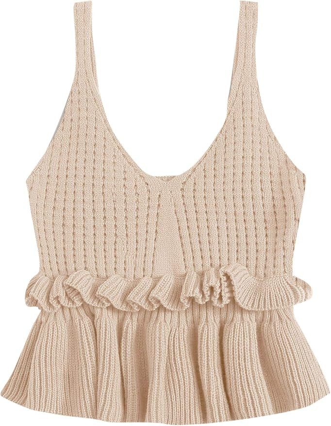 SweatyRocks Women's Casual Spaghetti Strap Ruffle Hem Peplum Cropped Knit Sweater | Amazon (US)
