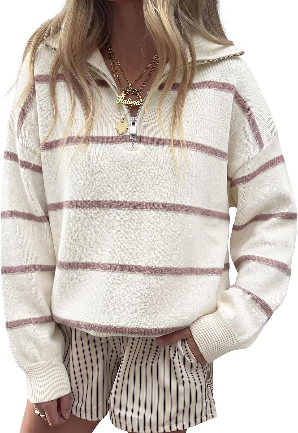 Fisoew Womens Quarter Zip Striped Sweater Oversized Turtleneck Pullover Top | Amazon (US)
