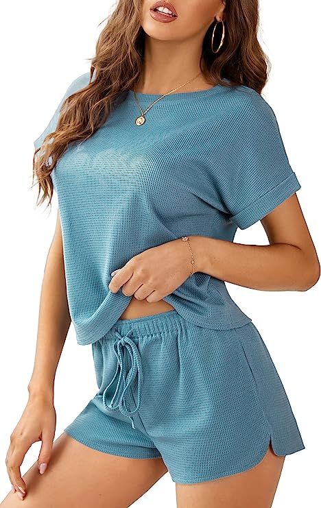 Aifer Women's Waffle Knit Pajama Set Short Sleeve Top and Shorts Jogging Suit Loungewear Athletic... | Amazon (US)