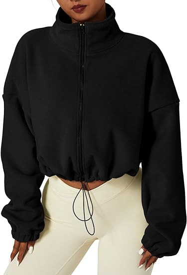 QINSEN Women's Full Zip Fleece Short Jacket Warm Winter Long Sleeve Stand Collar Sherpa Crop Coat | Amazon (US)