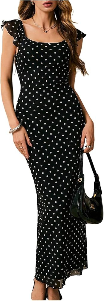 Women's Polka Dots Long Dress Elegant Square Neck Cap Sleeve Fitted Pencil Dresses | Amazon (US)