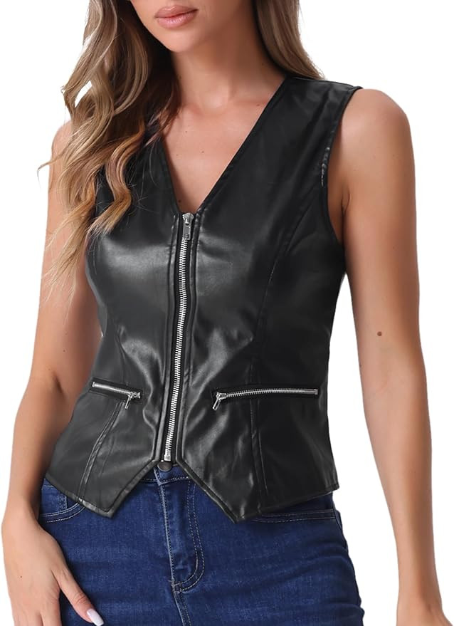 Allegra K Women's Faux Leather Waistcoat V Neck Sleeveless Zipper Motorcycle Biker Vintage Vest J... | Amazon (US)