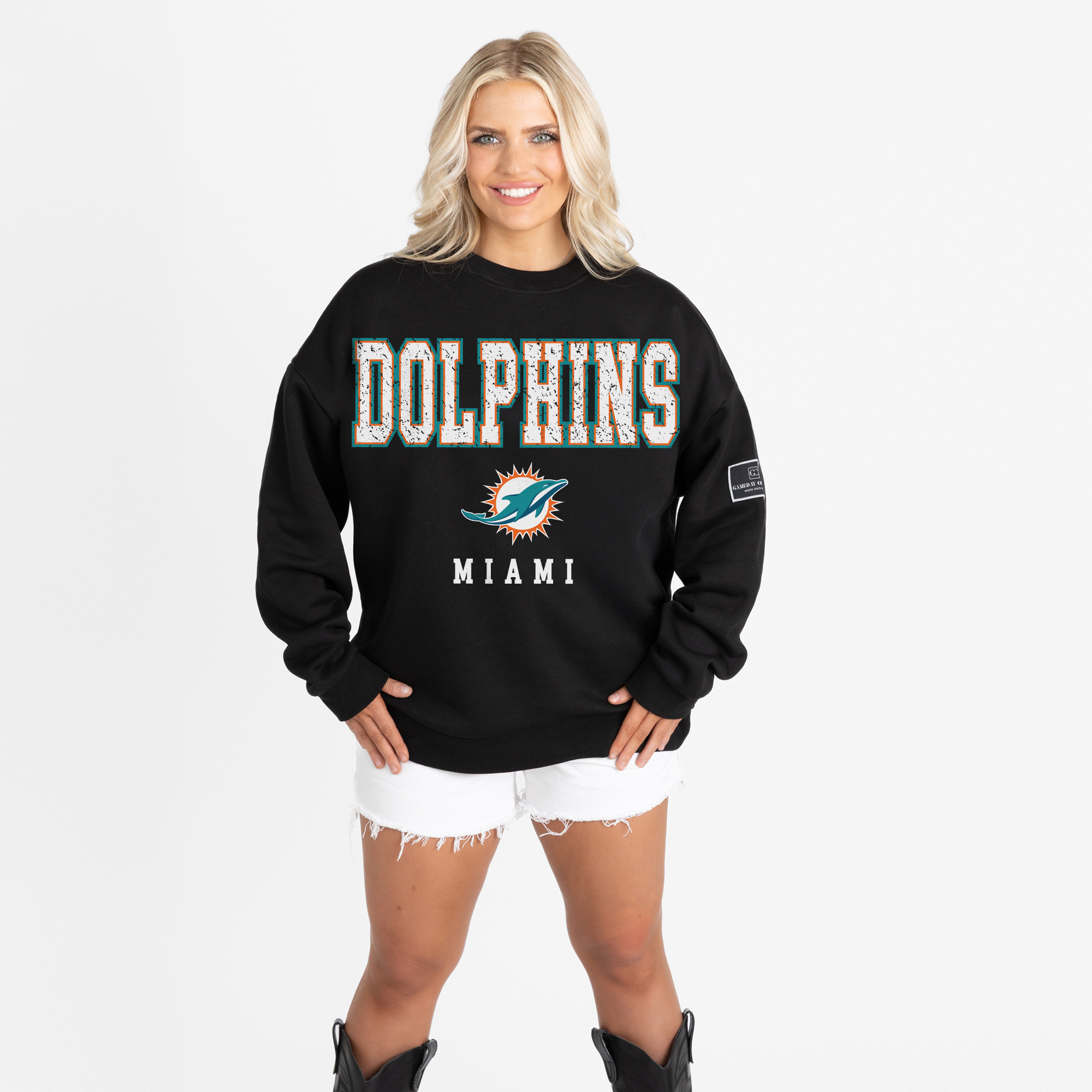 Women's Gameday Couture Black Miami Dolphins Oversized Level Up Black Label Premium Fleece Sweatshirt | Fanatics