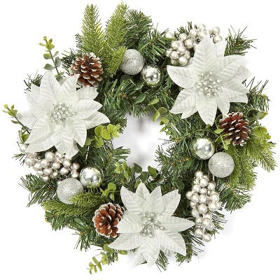 TackView 16" Christmas Wreath for Front Door, Xmas Door Wreath with Balls, Artificial Flowers, for Fireplace Wall Window Holiday Decoration, Silver | Target