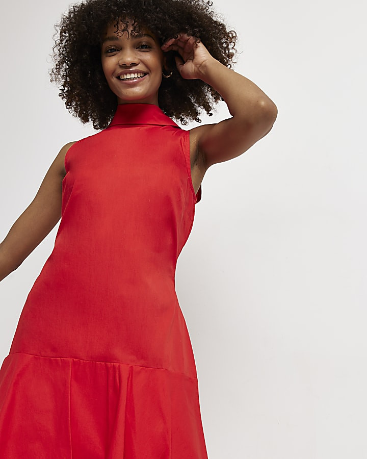 Red high neck mini shift dress | River Island (UK & IE)