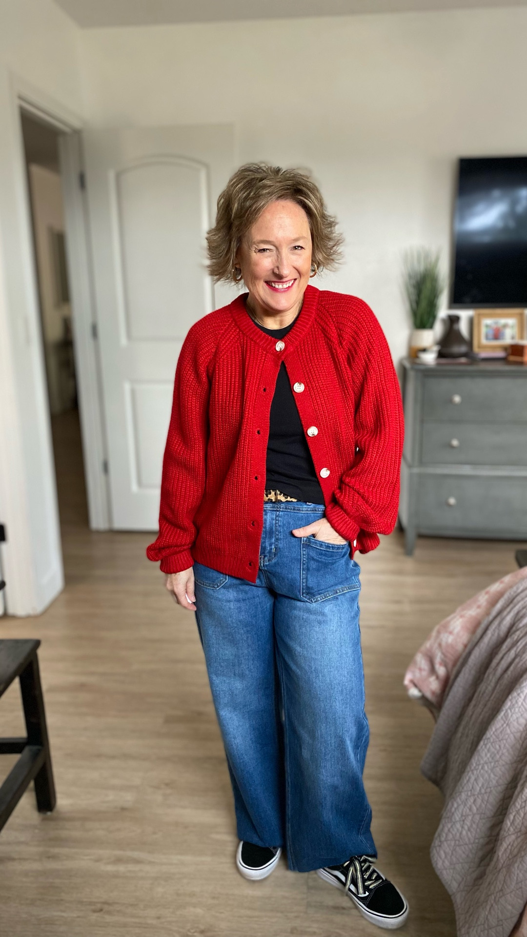 Wide leg pants and a deep red cardigan 

#LTKSeasonal #LTKStyleTip #LTKFindsUnder50