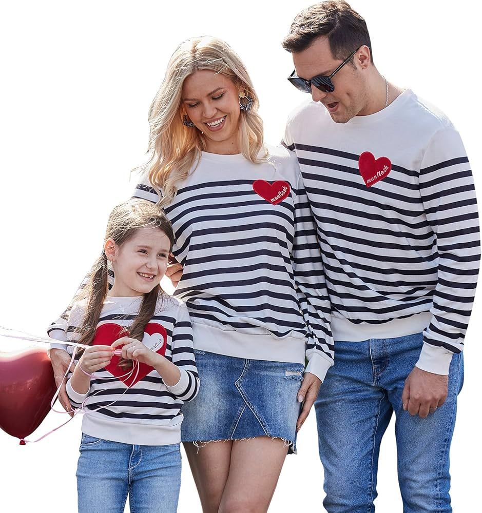 PopReal Family Matching Outfits Stripe Long Sleeve Sweatshirt Heart Pattern Mommy and Me Outfits ... | Amazon (US)