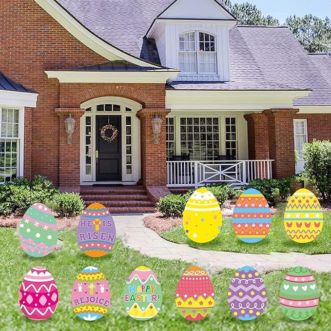 11Pcs Easter Eggs Yard Sign Outdoor Lawn Decorations,Easter Eggs Decor Pathway Markers,Easter Egg... | Amazon (US)