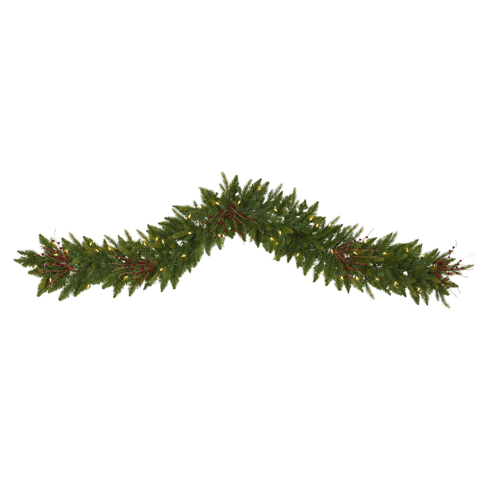6' Christmas Pine Artificial Garland with 50 Warm White LED Lights and Berries | Nearly Natural | Nearly Natural