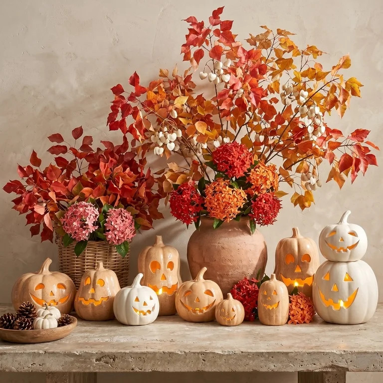 Halloween Handcrafted Jack-O'-Lantern, Set Of 3 Hand-Carved Pumpkin Decor, Durable Kiln-Fired Aut... | Walmart (US)