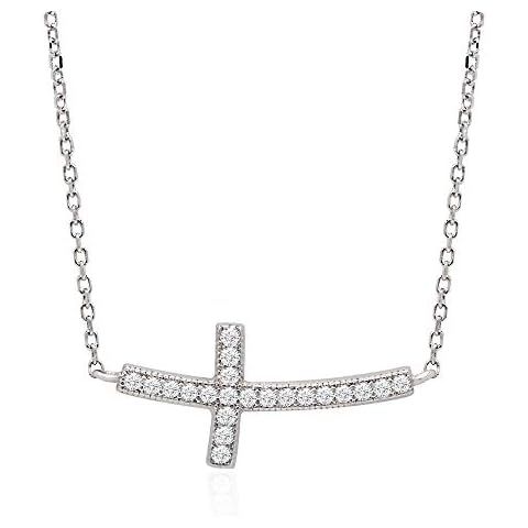 14K White or Yellow Gold or .925 Sterling Silver Cubic Zirconia Curved Sideways Cross Bar Necklac... | Amazon (US)