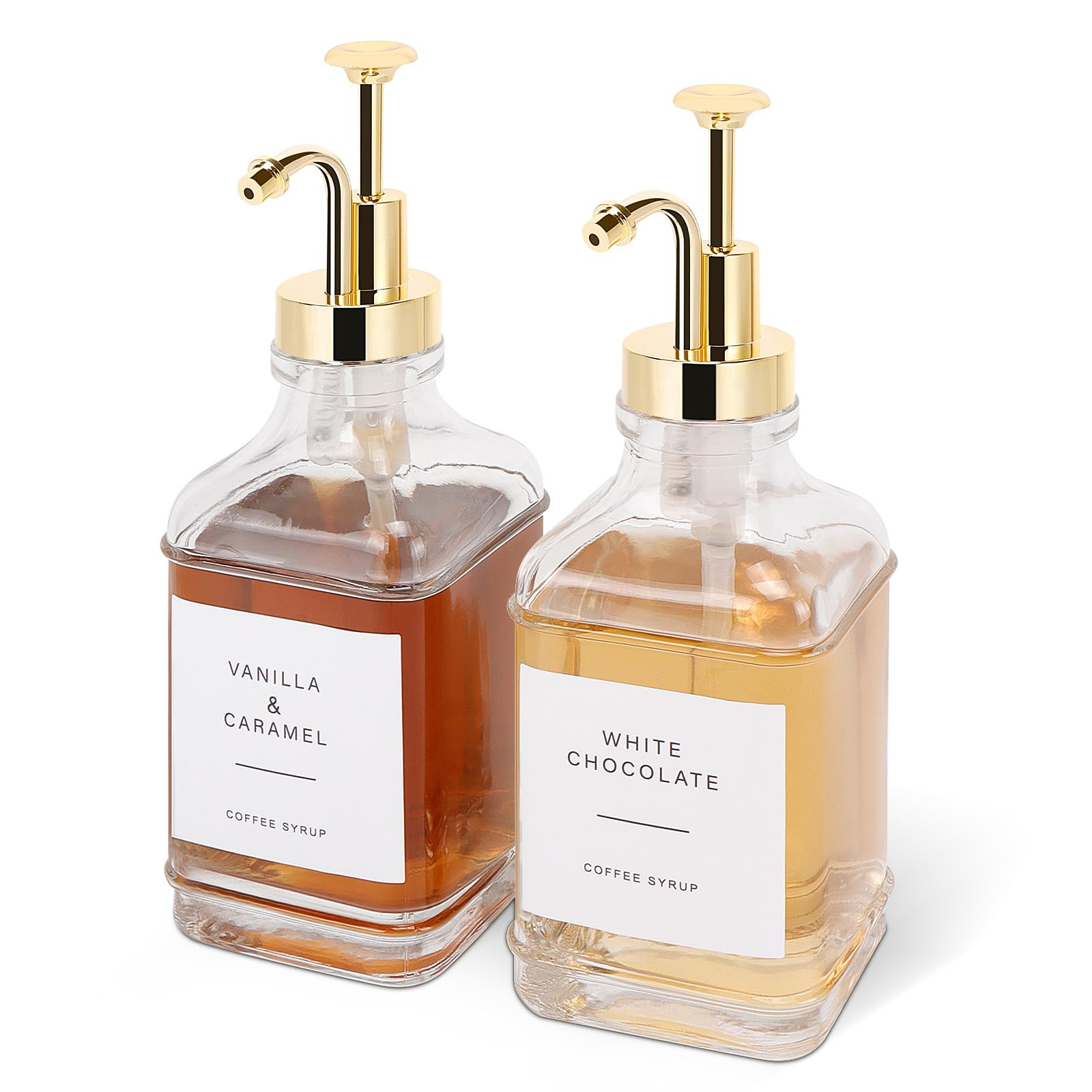 BathAce Coffee Syrup Dispenser for Coffee Bar, Clear Glass Syrup Bottles with Pump, Refillable Maple Syrup Storage, Coffee Station Accessories and Organizer, 500ml, Set of 2 (Gold) | Amazon (US)