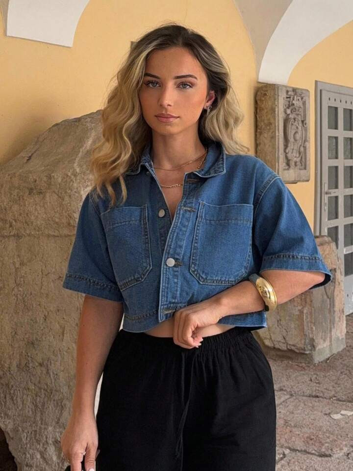 Jeta Ari Casual Vacation Short Sleeve Cropped Denim Jacket | SHEIN