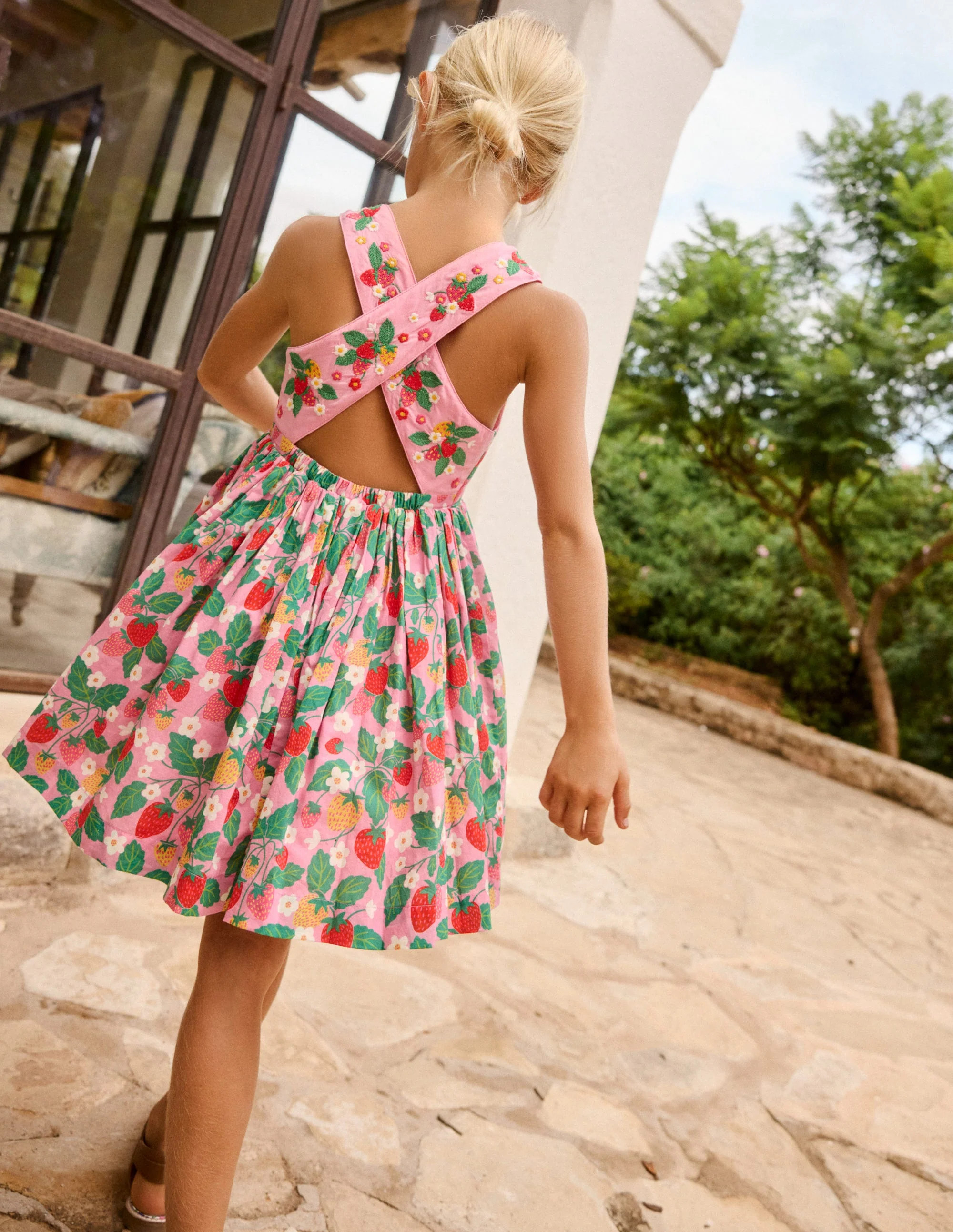 Harper Cross-Back Dress-Cosmos Pink Strawberry Patch | Boden UK