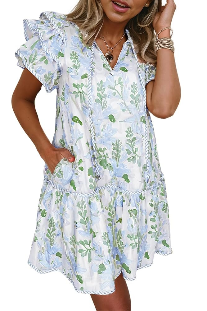 Apvirdy Women's Summer Floral Print Dress Contrast Edge Layered Short Sleeve Dresses Lace Up V Ne... | Amazon (US)