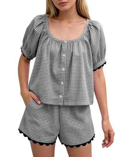 Rousytn Womens Gingham Two Piece Sets Summer Matching Short Set Cotton Pjs Puff Sleeve Scalloped Hem Loungewear (Black-M) | Amazon (US)