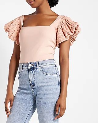 Square Neck Eyelet Sleeve Tie Back Tee | Express