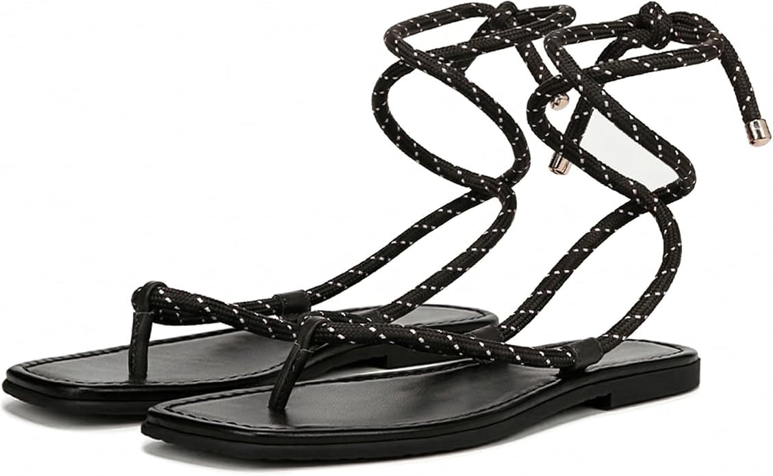 Rope Flat Sandals for Women Strappy Lace Up Square Open Toe Thong Sandals Comfortable Summer Beac... | Amazon (US)