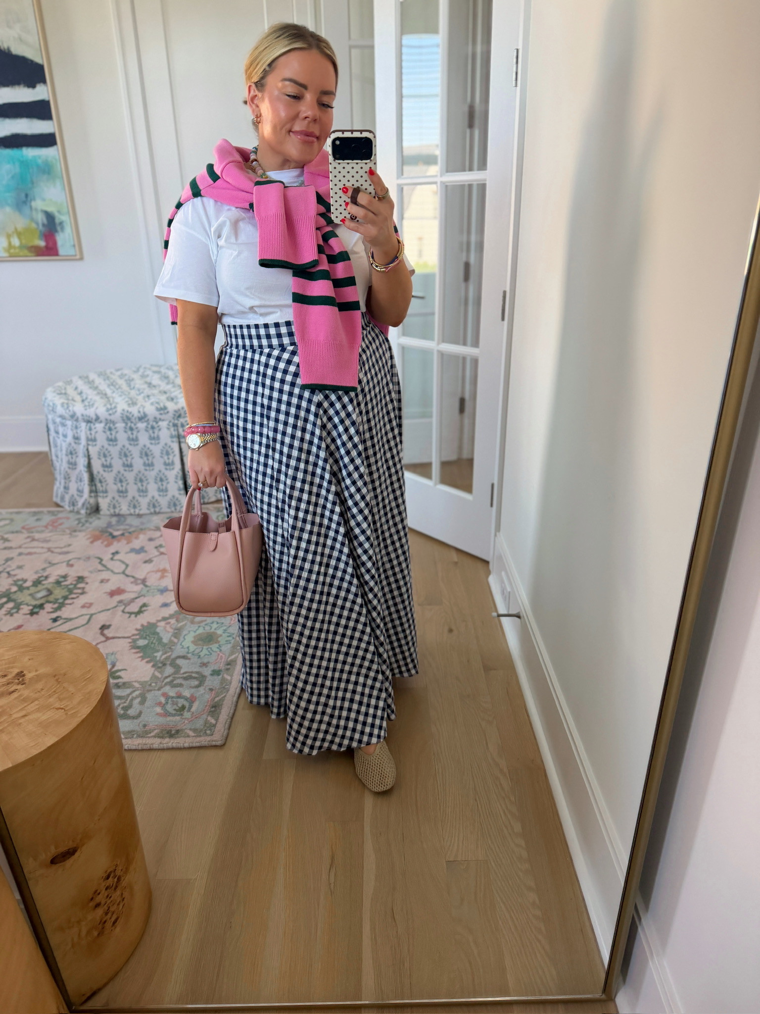 This gingham maxi skirt is such a classic summer staple, especially when paired with a simple white tee. I love how the pink striped sweater and matching bag add a fun, preppy pop of color to the look! ✨💖👗 

 

#LTKdayinmylife #LTKgrwm #LTKootd
