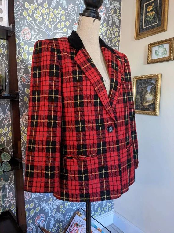 90s Red and Black Plaid Single Button Blazer | Etsy (US)