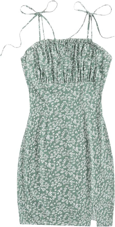 SheIn Women's Floral Ruched Mini Dress Tie Shoulder Sleeveless Split Short Dresses | Amazon (US)