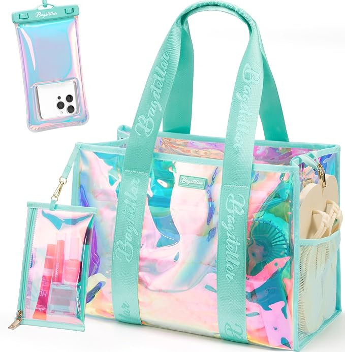 Bagstellar Iridescent Beach Tote Bags for Women, Large Zipper Beach Pool Swim Bag with Makeup Bag... | Amazon (US)