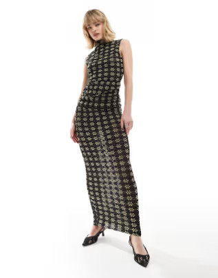 Lioness mesh sleeveless high neck maxi dress in black flower print | ASOS | ASOS (Global)