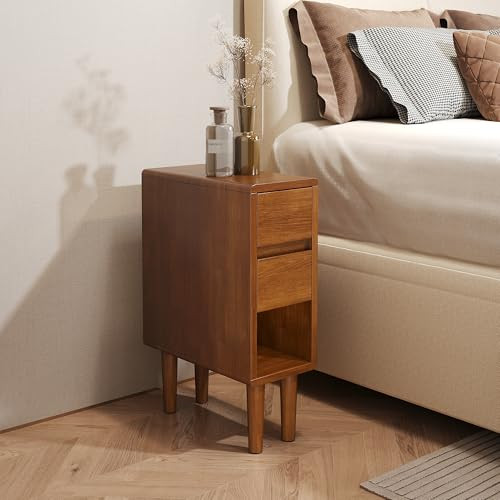 Narrow Nightstand 2 Drawers with Open Shelf Narrow Night Stand Solid Wood Bedside Table Mid Century Modern Nightstand Wooden End Table for Bedroom, Living Room, Study, Office | Amazon (US)