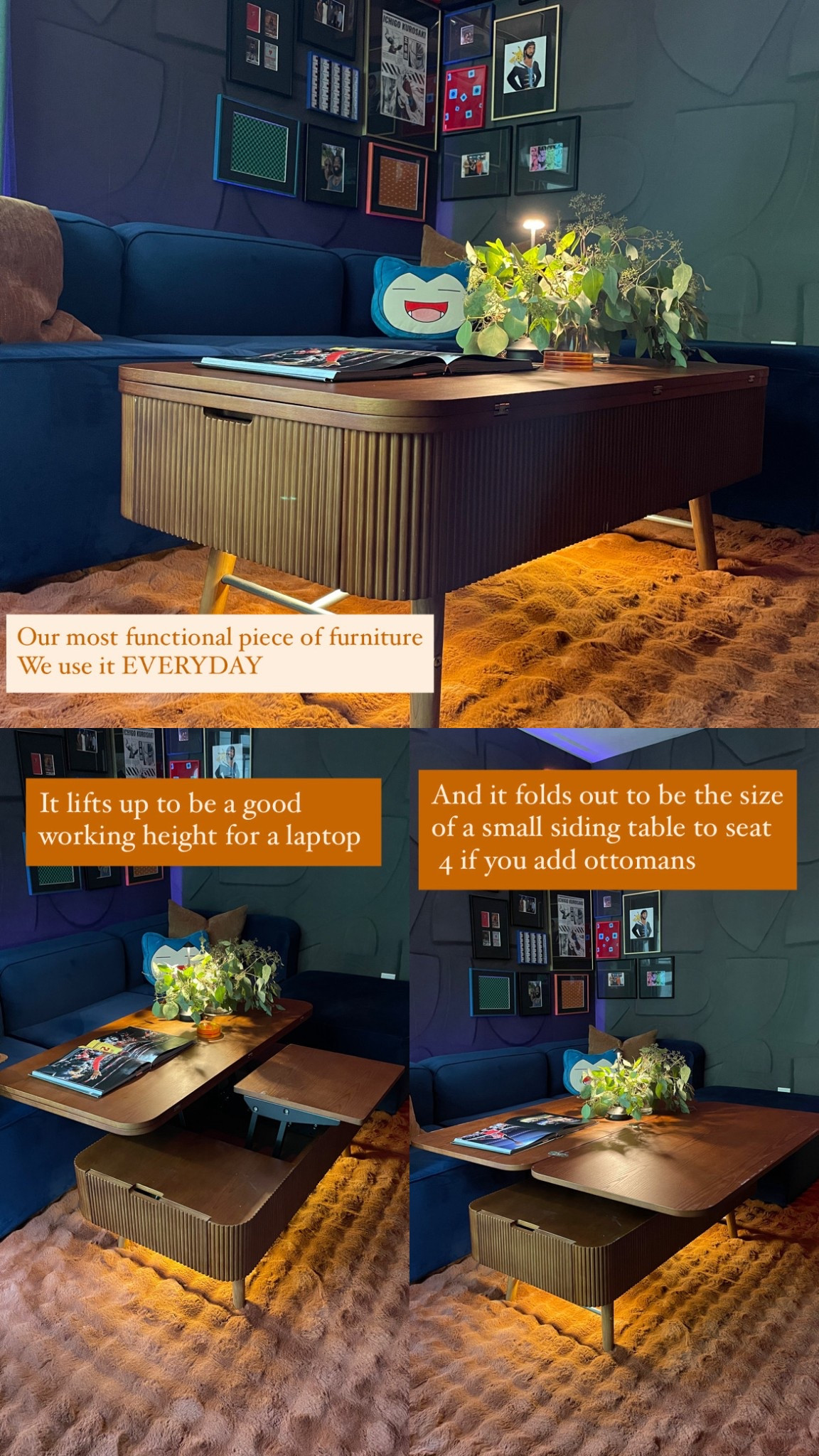 One of my favorite lift top coffee tables 

Wood coffee table, orange rug, modern coffee table, dark and moody decor, corner gallery wall, functional furniture, Amazon decor, Amazon lighting 

#LTKHome