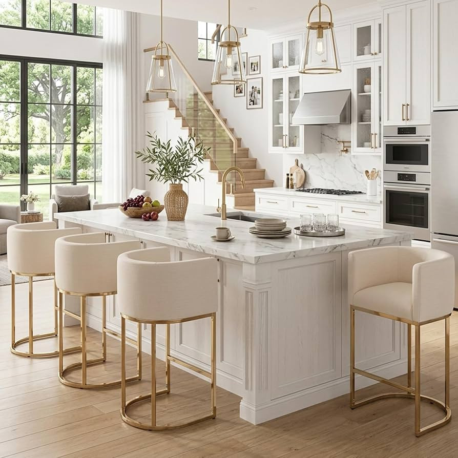 HNY Modern Cream Counter Height Barrel Linen Fabric Upholstered Counter Stools Set of 4, 29 Inch ... | Amazon (US)
