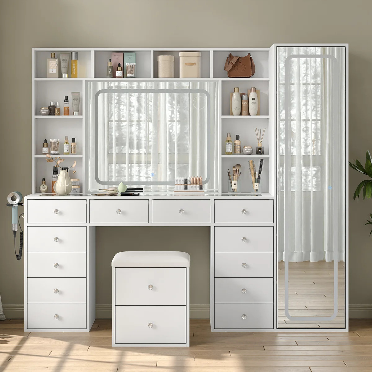 Jamair Desk  Full Length Mirror & LED Mirror with Power Outlet, Makeup Vanity 12 Drawers and 10 O... | Wayfair North America