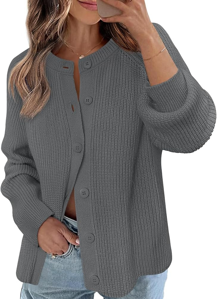 MEROKEETY Women's 2025 Long Sleeve Cardigan Sweater Fall Crew Neck Button Open Front Chunky Knit ... | Amazon (US)