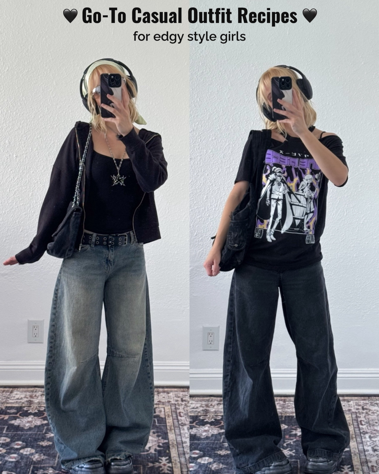 hiii! sometimes i just don’t have enough time or energy to put into making an outfit. so i like to have some dependable go-to outfits in case i end up in one of those situations! here are two of mine i frequent often :) can never go wrong with a basic cami, zip up hoodie, & some baggy jeans! it’s low effort, comfortable, & can be easily elevated with some cool accessories.  another great low effort option i like is a graphic tee, usually cut, & some baggy jeans!  then i just add my usual favorite accessories like a statement bag, headphones, chain necklaces, & hair scarfs :)

for anything that aaa sold out i linked similar items!
 #casualstyle #styleinspo #edgystyle #zerogatekeeping 

#LTKootd