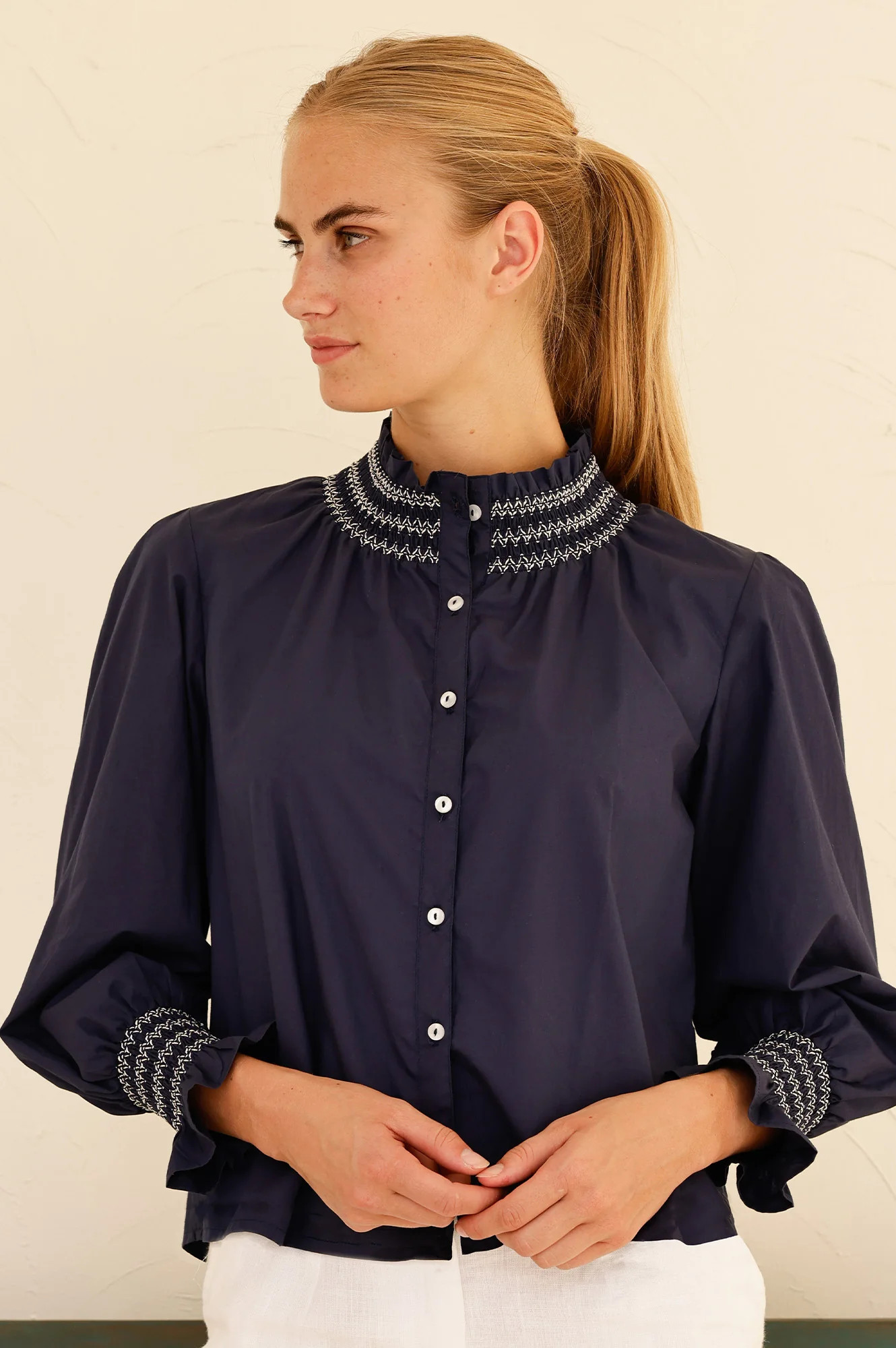 Embroidered Smocked Blouse | Navy/White | Aspiga US