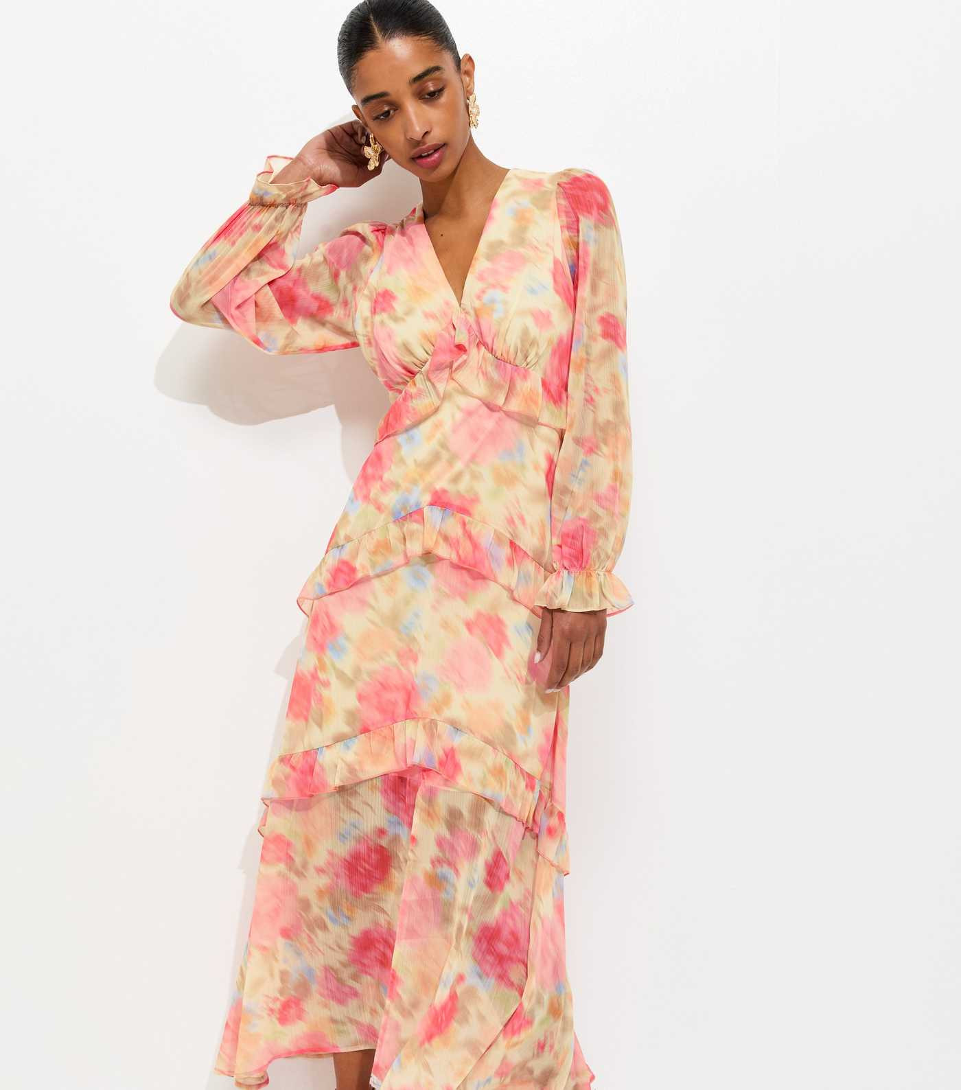Pink Chiffon Floral Long Sleeve Midi Dress | New Look | New Look (UK)