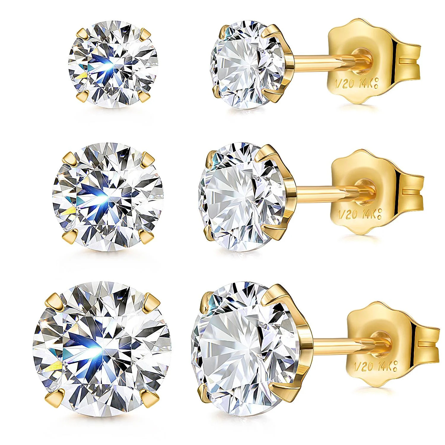 AllenCOCO 3 Pair Studs Earrings Set,1/20 14k Gold Filled Hypoallergenic Studs,Cubic Zirconia Stud... | Walmart (US)