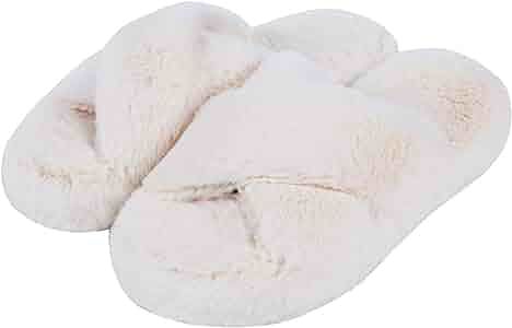 Amazon.com | DL Fluffy Womens House Slippers Cross Band Open Toe, Soft Plush Fleece Bedroom Slipp... | Amazon (US)