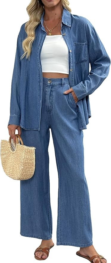 heipeiwa Women's 2 Piece Sets Denim Outfits Lightweight Long Sleeve Button Down Shirts Wide Jean ... | Amazon (US)