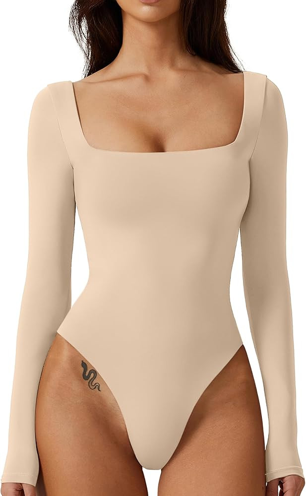 QINSEN Bodysuit Tops for Women Square Neck Long Sleeve Double Lined T-shirt | Amazon (US)