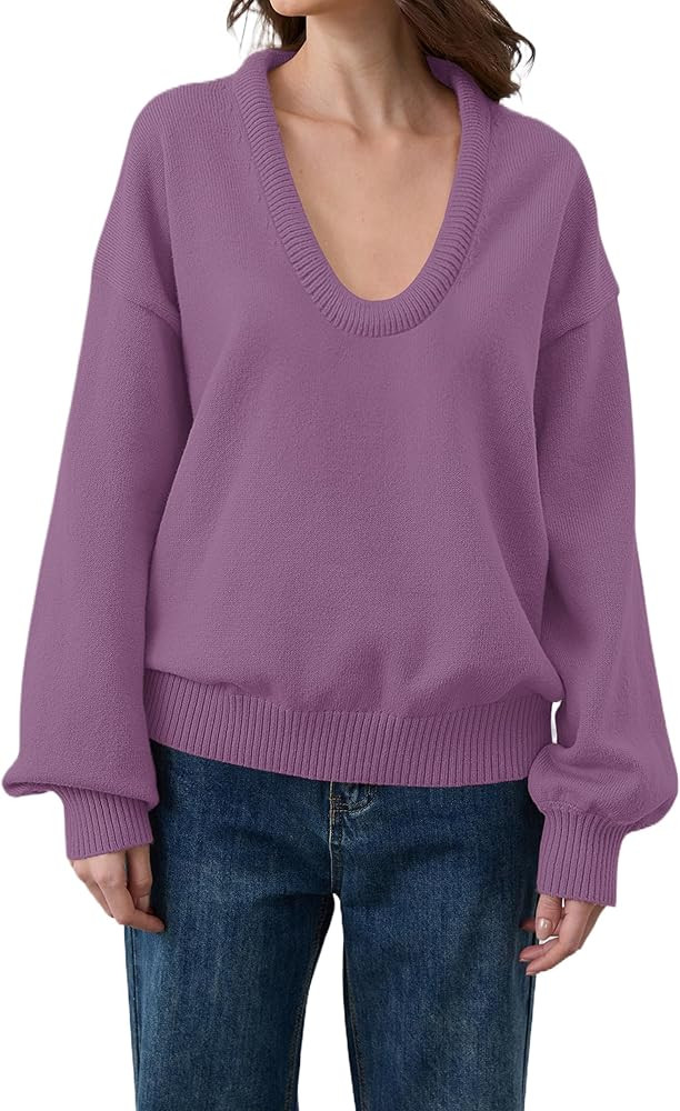 Livtany Women’s Oversized Ribbed Deep V Neck Sweater Long Sleeve Drop Shoulder Pullover Top Cas... | Amazon (US)